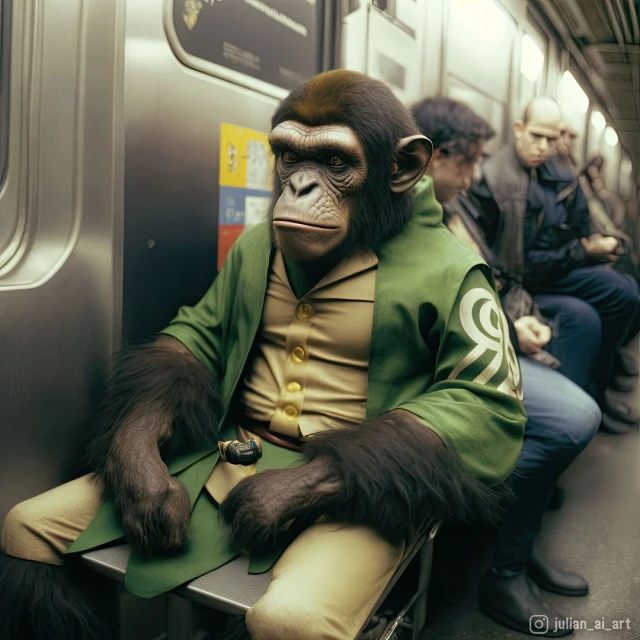 Chimpanzee in a suit sits on a subway train among human passengers, creating a humorous and surreal scene in public transit.