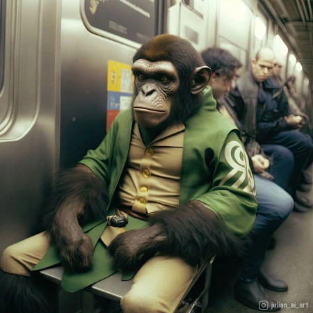 Chimpanzee in a suit sits on a subway train among human passengers, creating a humorous and surreal scene in public transit.