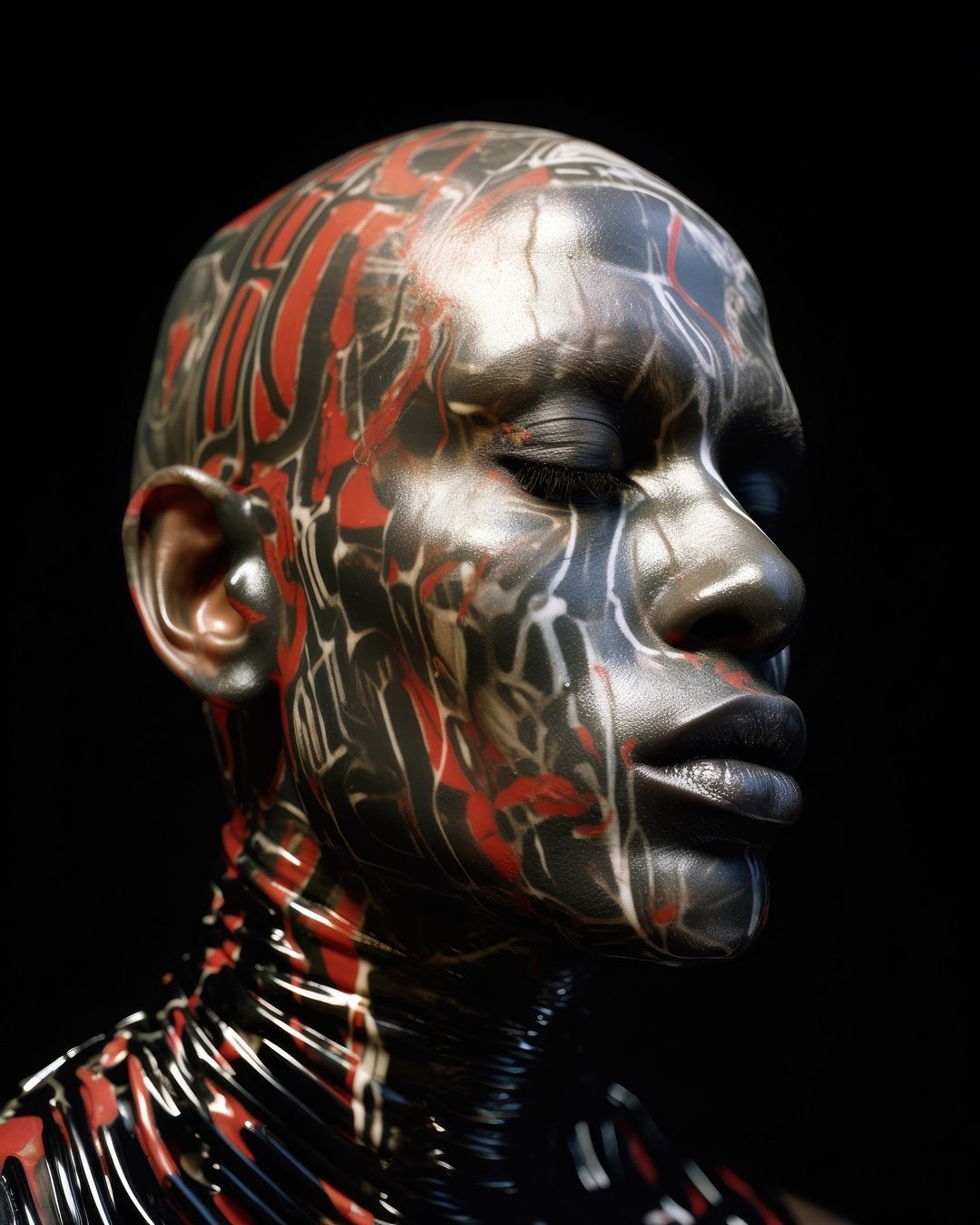 Close-up portrait of a person with closed eyes, black skin, and abstract red, black, and white paint on face and upper body against black.