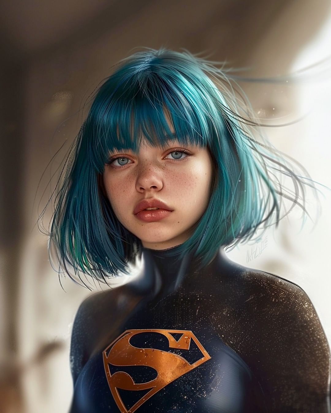 Young woman with blue bob haircut and blue eyes. She is wearing a black costume with a gold S-shield emblem on the chest.