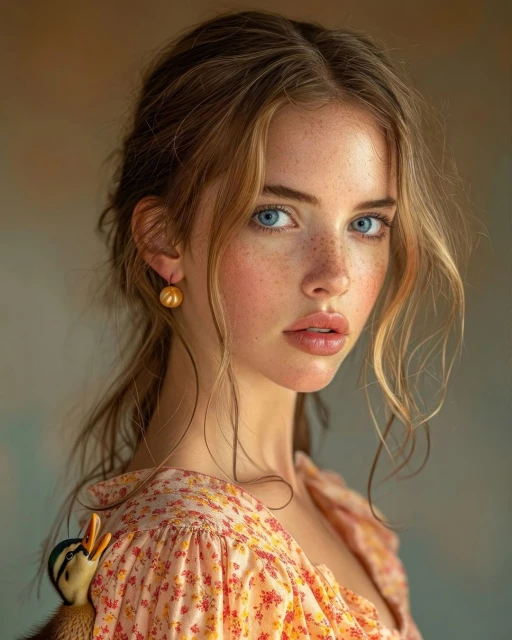 Close-up of a fair-skinned woman with blue eyes and freckles, wearing a floral top and gold earrings, with a duckling on her shoulder.