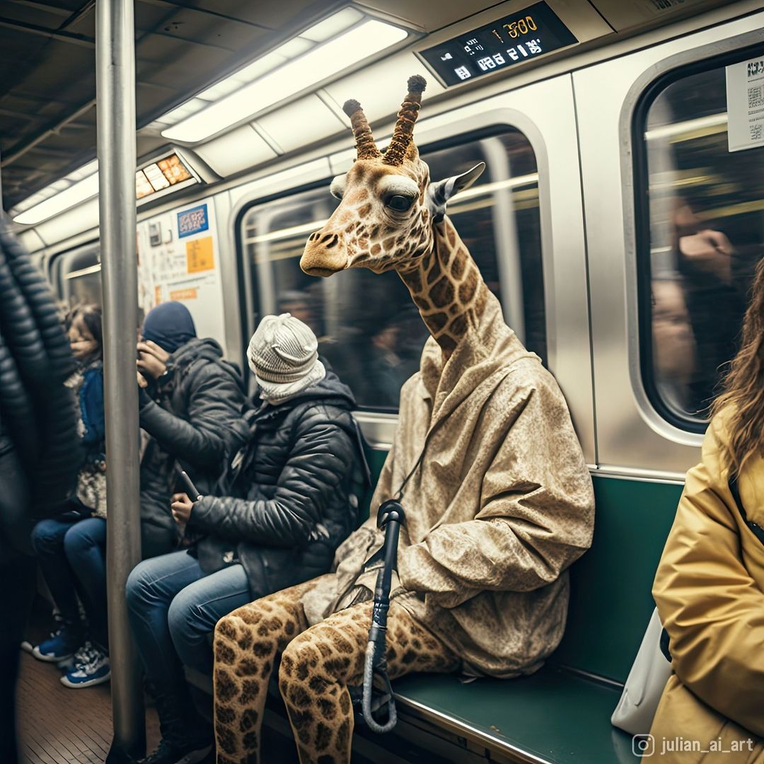 A giraffe wearing a tan coat and patterned leggings sits on a subway train next to other passengers during the daytime.