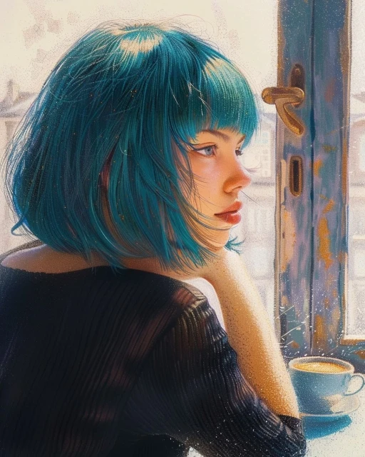 Illustration of a young woman with teal hair, sitting near a window with coffee, bathed in warm light, looking thoughtfully into the distance.