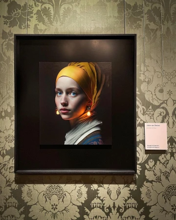 Artwork framed on a patterned wall depicts a young woman in a yellow headscarf and ornamental earrings. Soft lighting enhances the image.
