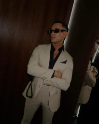Man wearing a beige suit with a black shirt and sunglasses standing with arms crossed in front of a mirror reflection