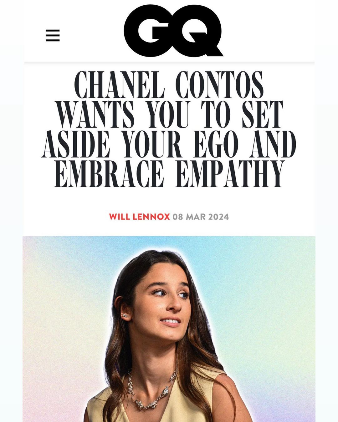 Close-up shot of Chanel Contos against a blended color backdrop; article header includes 'GQ' logo and 'Embrace Empathy' headline.