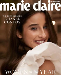 Portrait of Chanel Contos smiling, wearing a white ruffled top on a magazine cover with masthead.