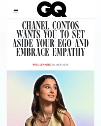 Portrait of Chanel Contos wearing a sleeveless cream top and silver necklace against a gradient pastel background.