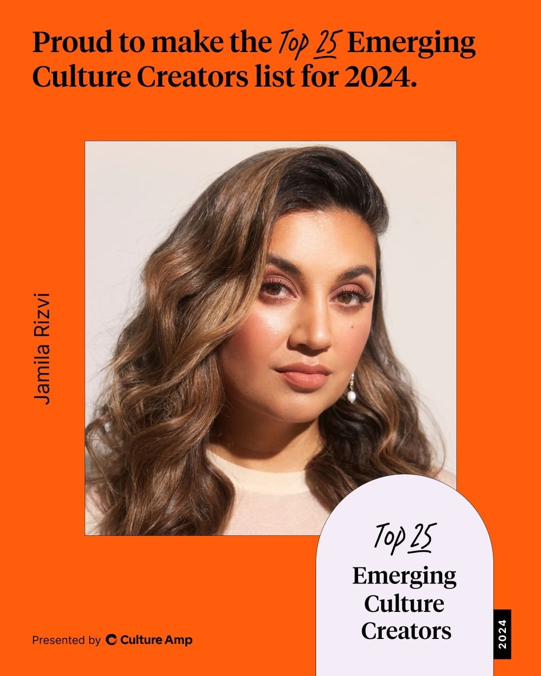 Close-up shot of Jamila Rizvi, recognized as a Top 25 Emerging Culture Creator in 2024, against an orange backdrop with event-related text.