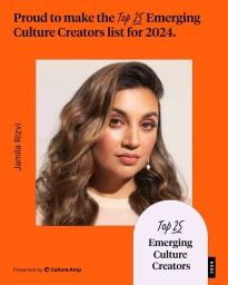 Portrait of Jamila Rizvi against a white background framed by bold orange graphic panels with black typography.