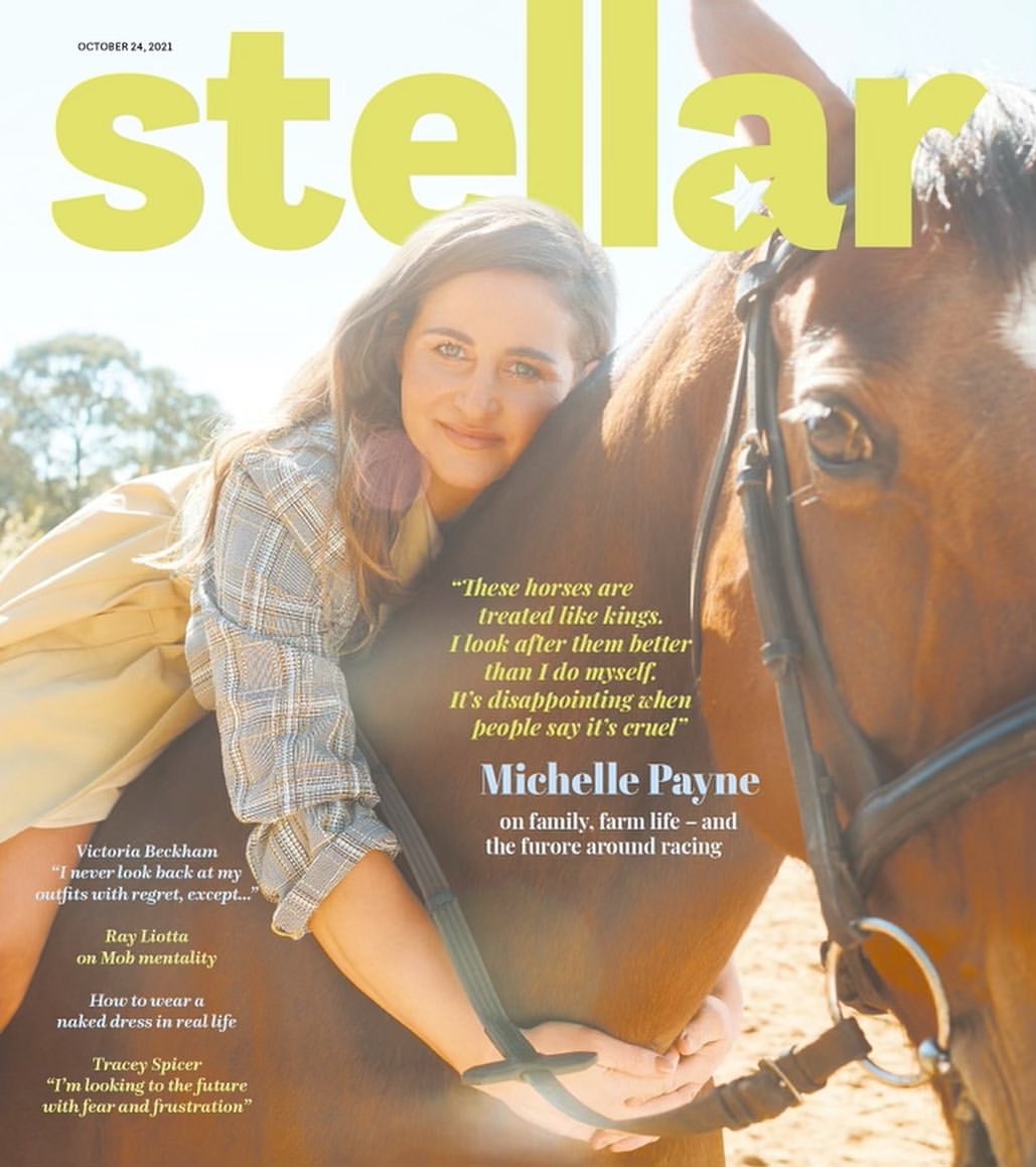 Magazine cover featuring Michelle Payne and a horse in an outdoor setting, under bright lighting with the word 'stellar' displayed.