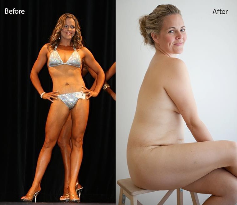 Before and after comparison: A woman in a bikini poses next to an image of her seated nude on a stool against a white background.
