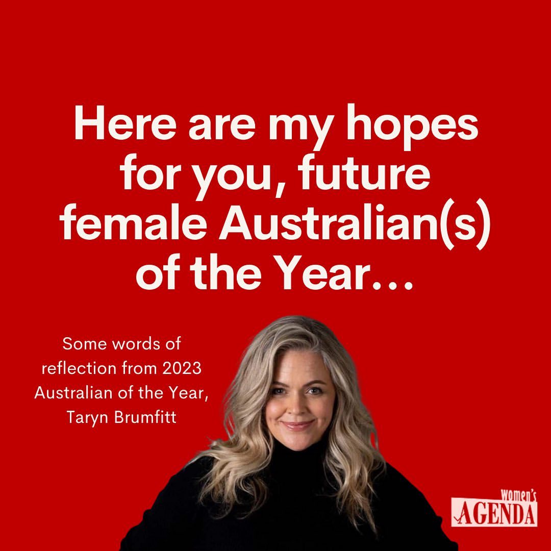 Portrait of Taryn Brumfitt, the 2023 Australian of the Year, over a red background with white text promoting her 'Women's Agenda'.