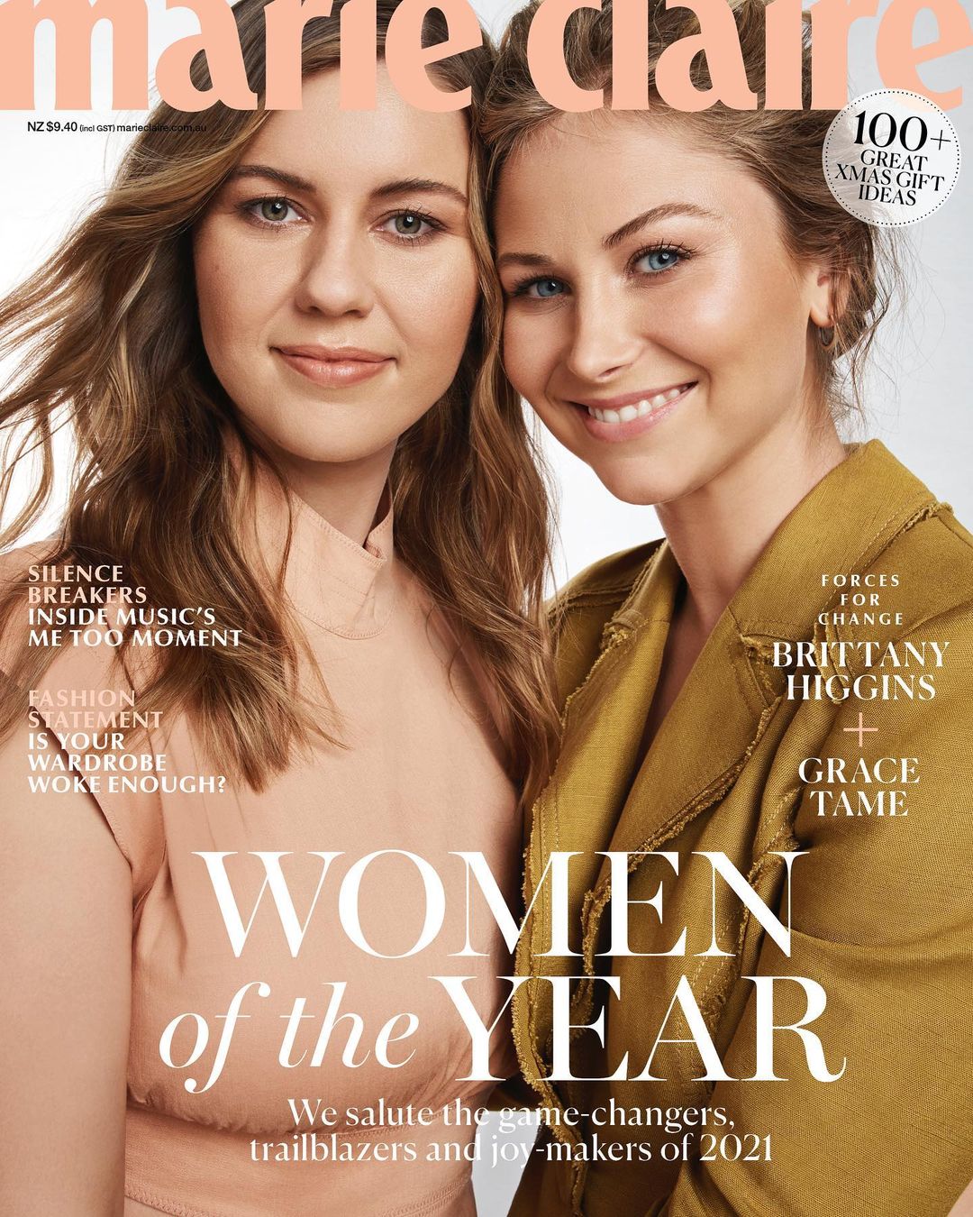 Magazine cover featuring Brittany Higgins and Grace Tame, Women of the Year, photographed in a photo studio with lighting.