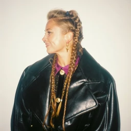 Grace Tame with braided hair wearing a black leather coat against a white background