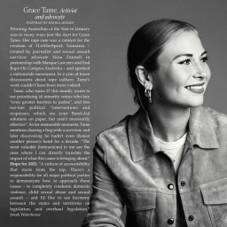 Black and white portrait of Grace Tame smiling, wearing a buttoned jacket and earrings against a grey background.