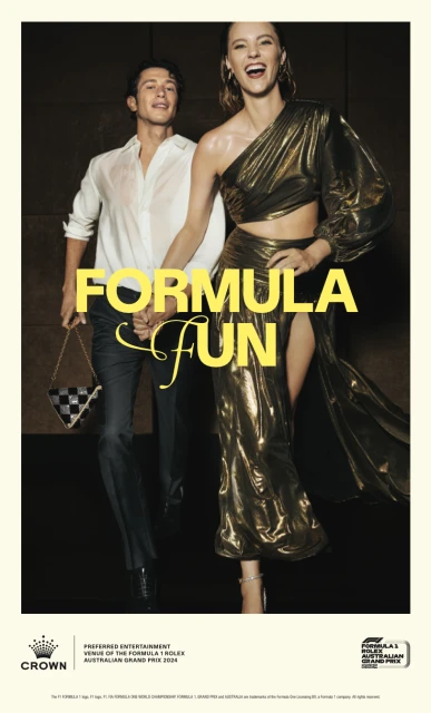 A smiling man and woman in stylish evening wear hold hands in a promotional image for a Formula 1 Rolex Australian Grand Prix event.