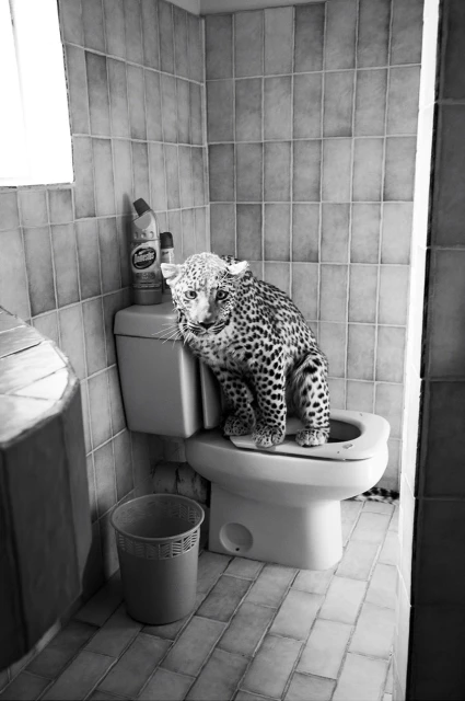 Monochrome image of a leopard perched on a toilet in a tiled bathroom setting, with cleaning supplies and a wastebasket visible.