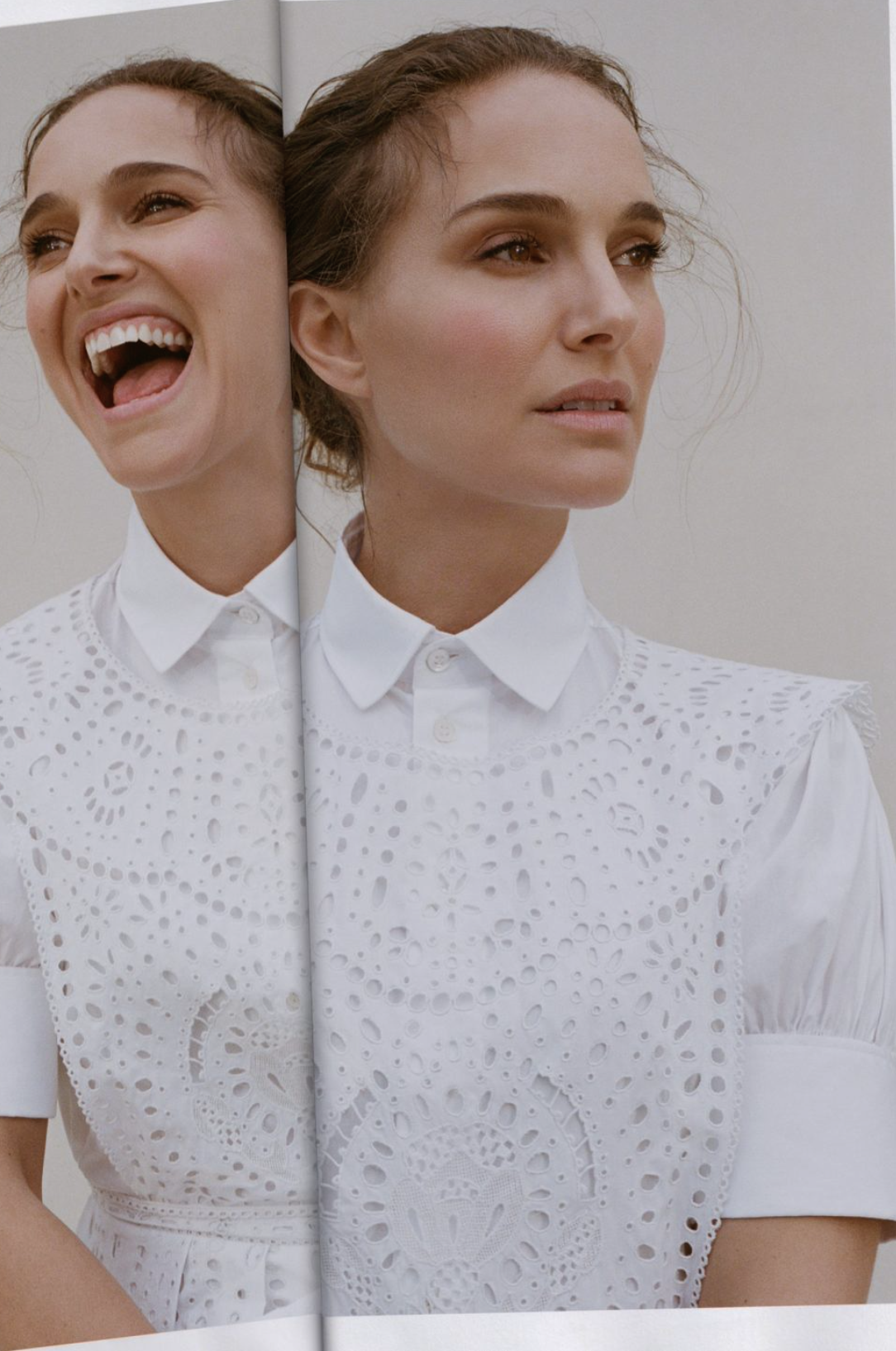 Close-up of adult woman with dark hair in a white dress shirt against a neutral background, split view showing different expressions.