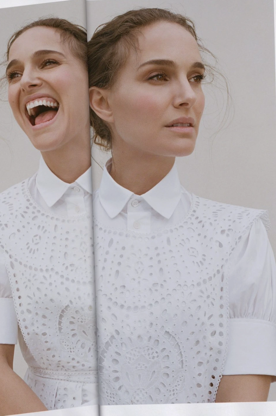 Natalie Portman wearing a white eyelet lace blouse against a plain background styled by Sophie Barker.