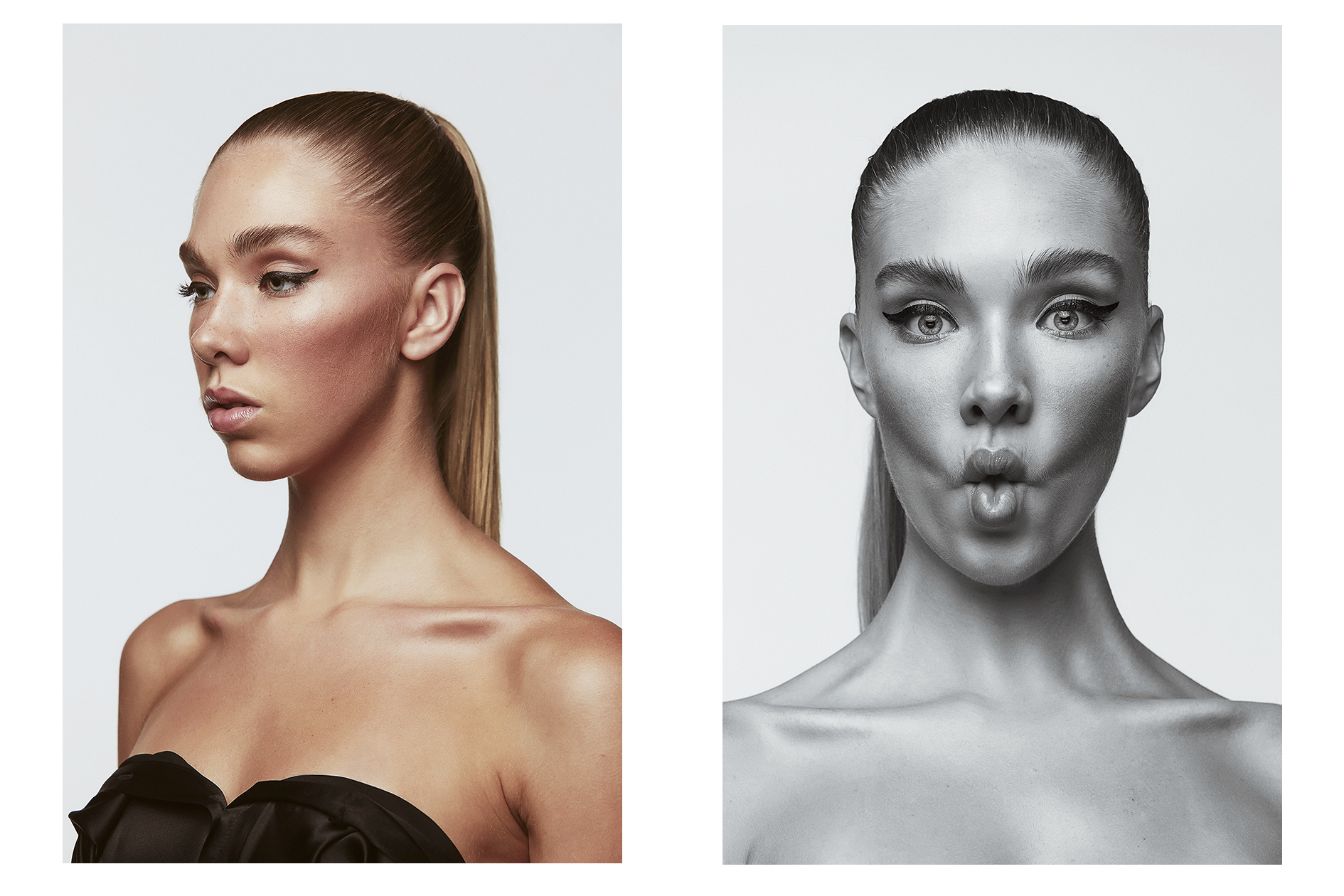 Two portraits of a woman with clean makeup, high ponytail, and black strapless top, one in color from the side, the other monochrome, front.