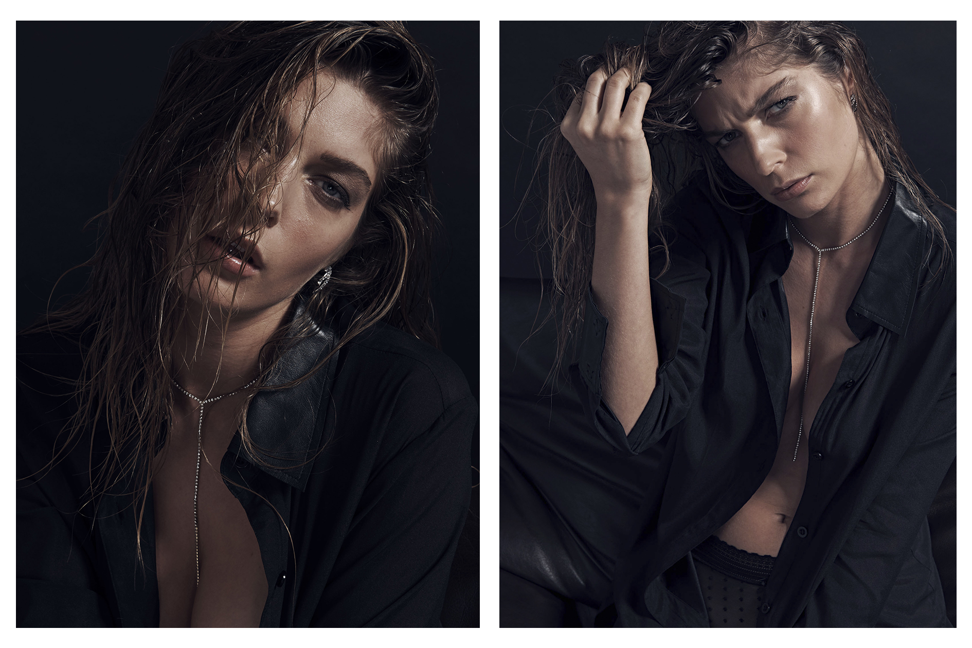 Split-screen glamour shot featuring a young adult woman with wet hair, wearing a black shirt and necklace against a dark background.