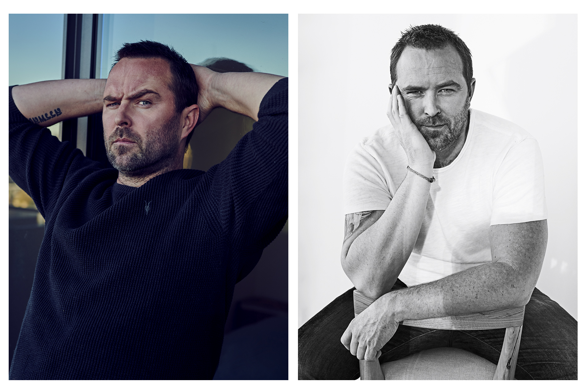 Black and white diptych portrait of a light-skinned adult man with dark hair, posing indoors in a black sweater and white T-shirt.