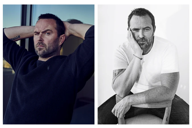Diptyque portrait of an adult man with short hair and tattoos, posed in two contrasting styles with grooming by Danni McDowell.