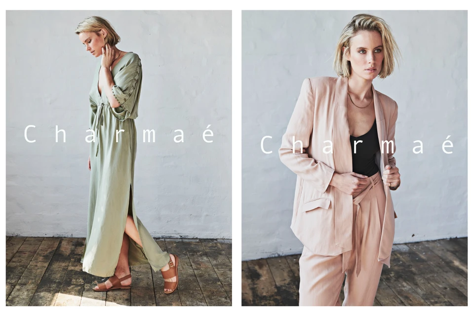 Two images showcase a blonde woman modeling light-colored linen clothing: a maxi dress with sandals and a blazer with matching pants.