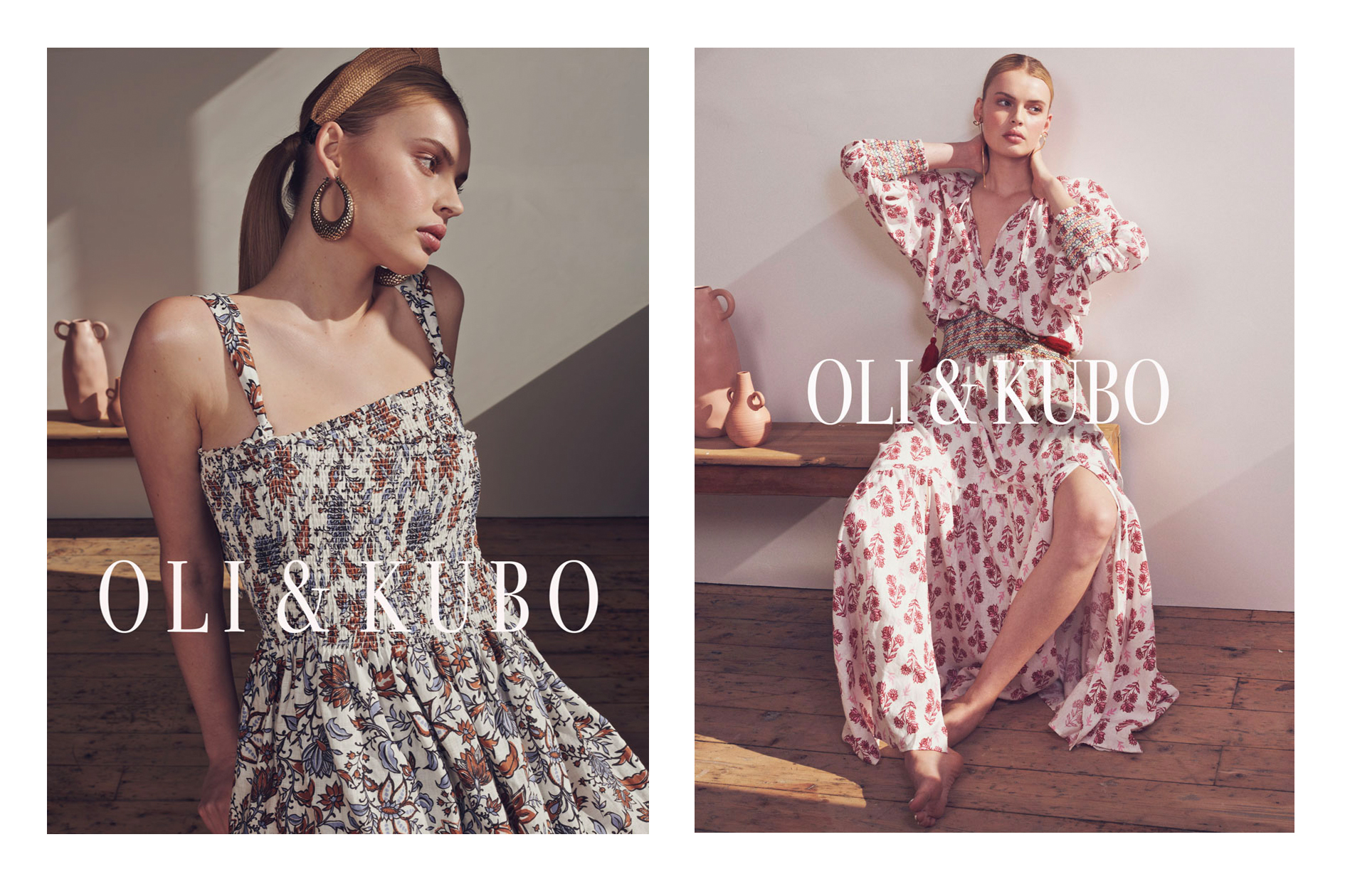Two young women in floral print dresses by Oli & Kubo pose indoors; one seated with a thigh slit, earrings and a headband.