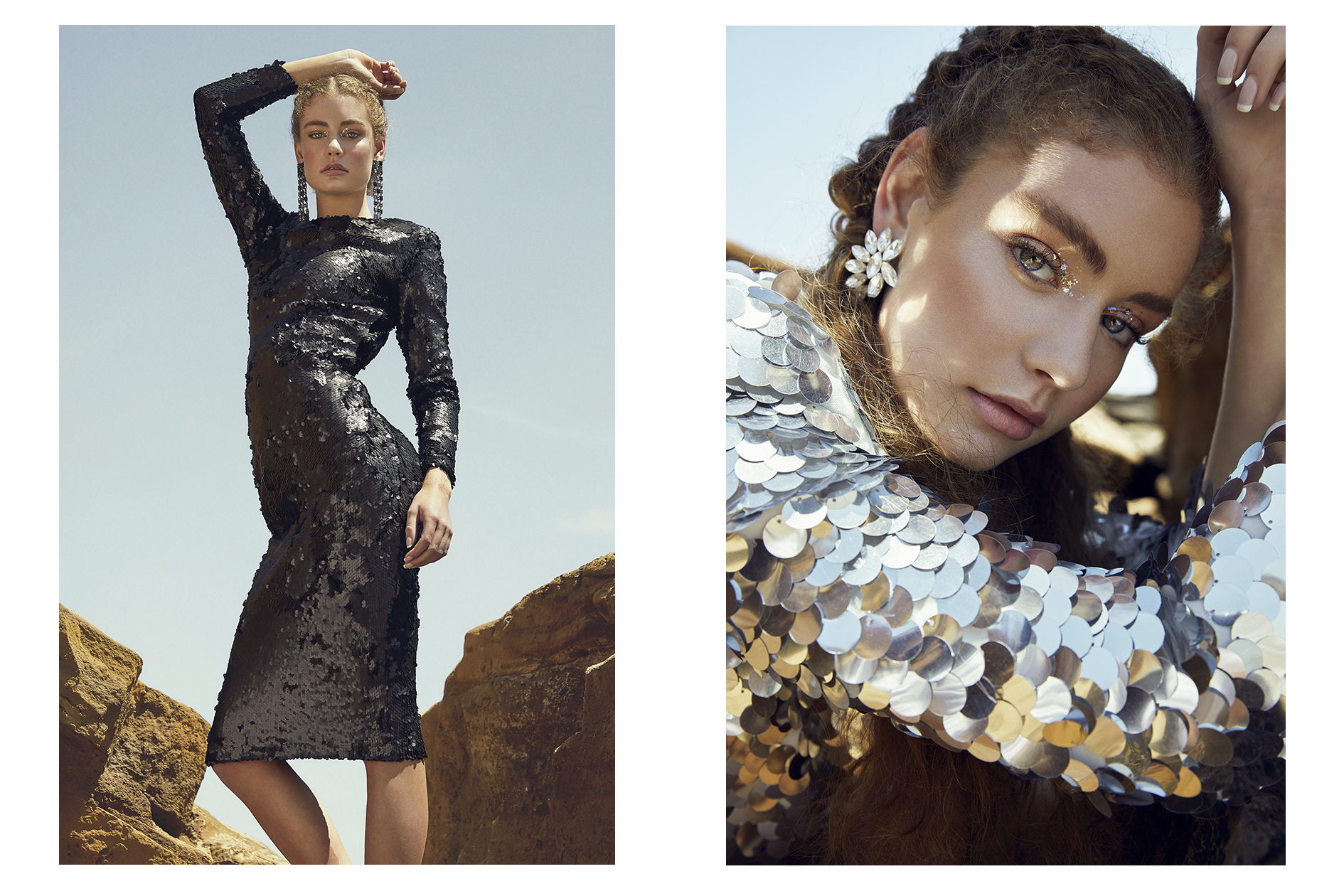 A woman poses in a black sequin dress against a blue sky, while a close-up shows another woman with glittery makeup and large earrings.