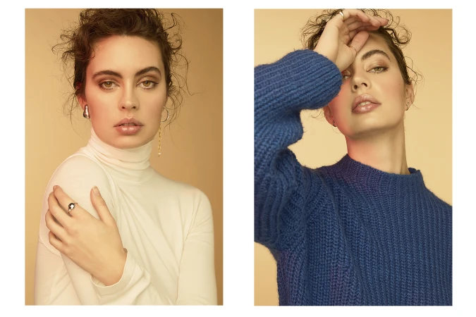 Diptych portrait of a woman with curly brown hair wearing a white turtleneck and a blue knitted sweater against a warm background.