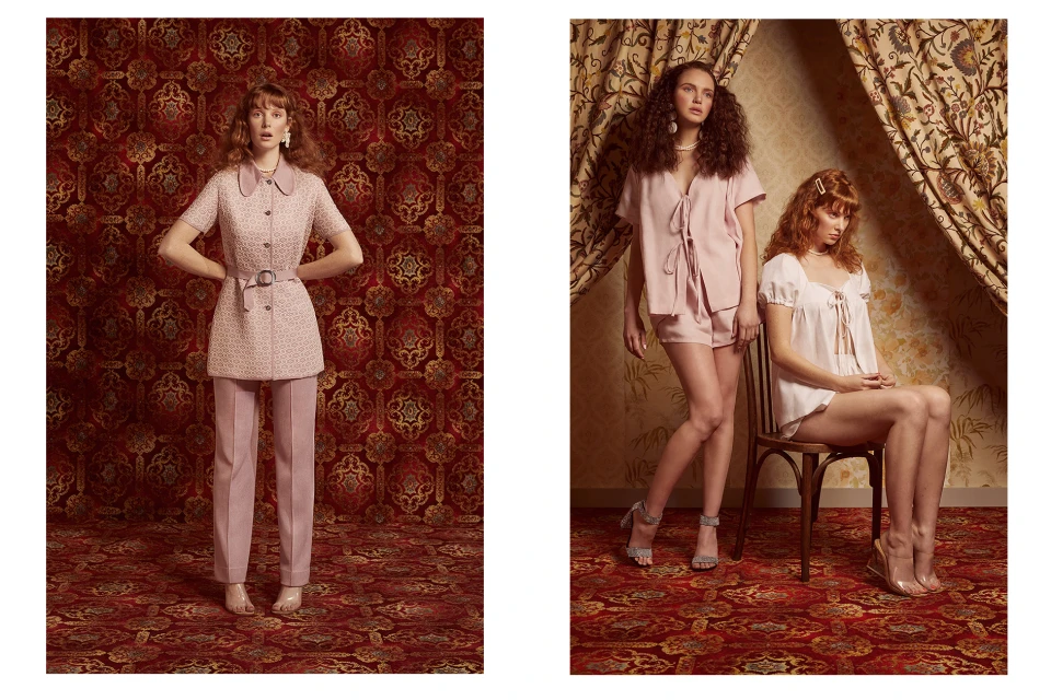 Two scenes featuring stylish young women in retro-inspired fashion ensembles against patterned backdrops, evoking a vintage aesthetic.