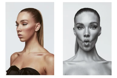 Diptych beauty portrait of a woman with a slicked-back high ponytail and winged eyeliner against a white background.