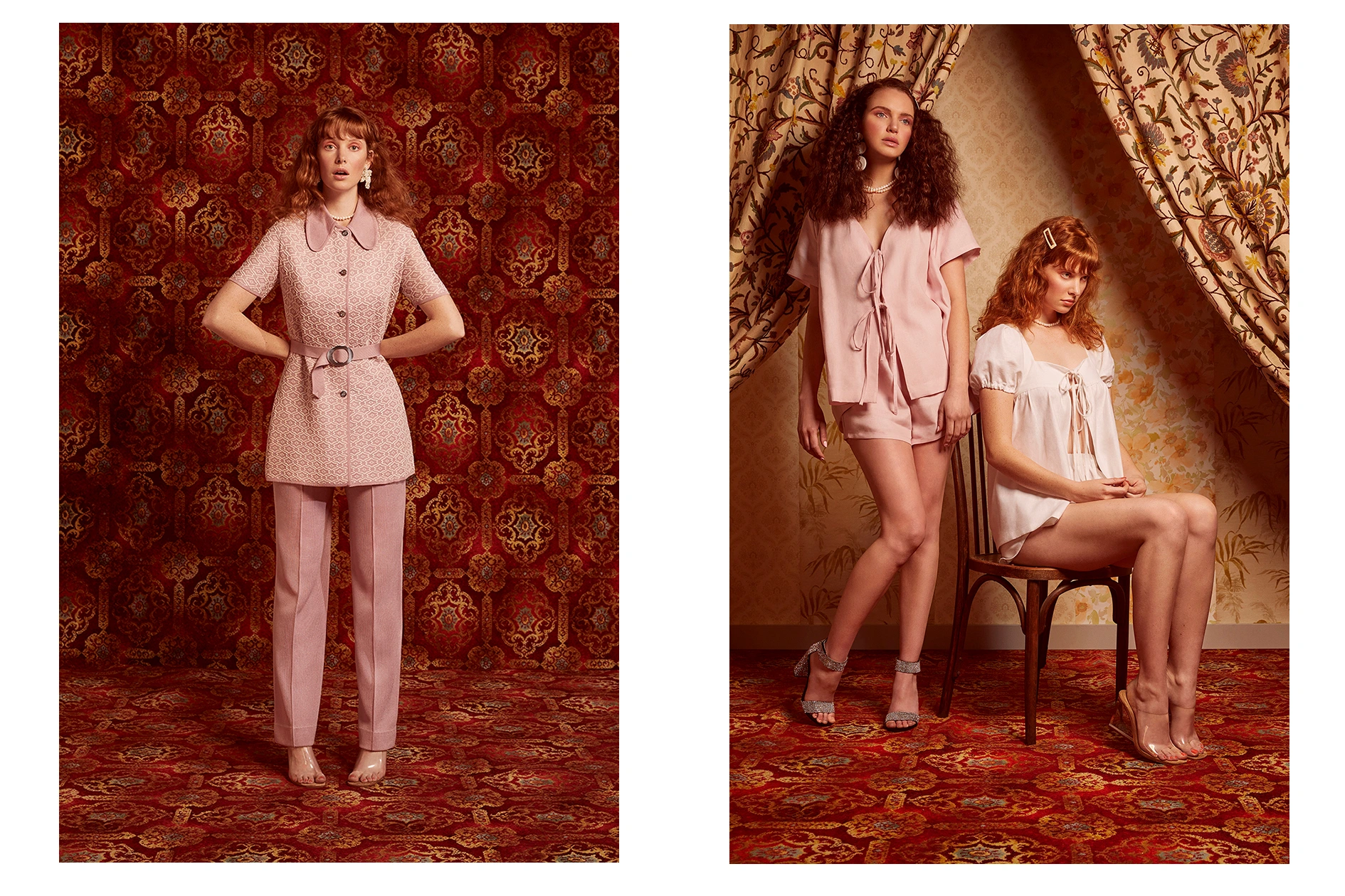 Two fashion editorial panels featuring three female models posing against ornate red patterned wallpaper and carpets.