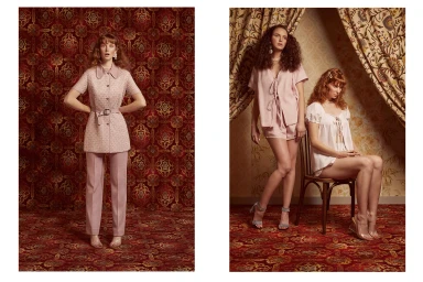 Two fashion editorial panels featuring three female models posing against ornate red patterned wallpaper and carpets.