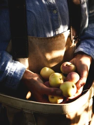 Close-up of a person holding fresh harvested apples in a canvas apron and basket