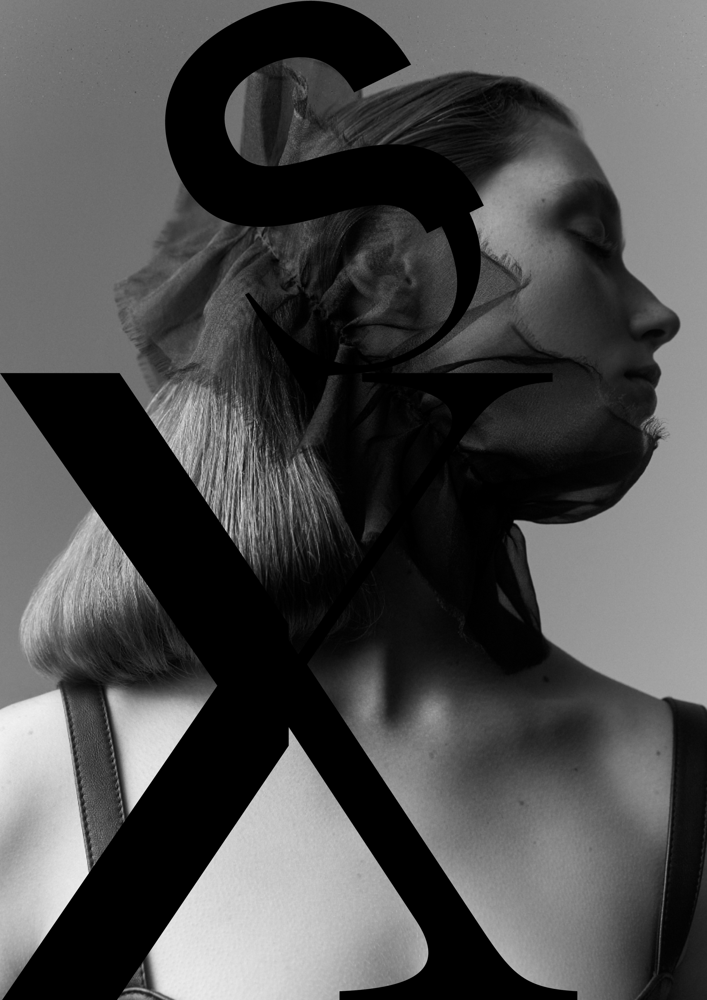 Black and white portrait of a woman with large black typography overlay, wearing a sheer veil and visible shoulder straps.