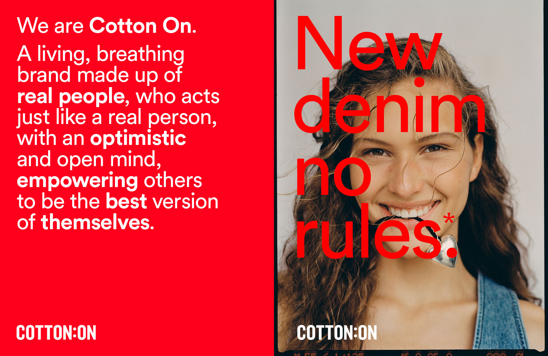 Fashion ad for Cotton On featuring a smiling young woman with curly hair. She wears denim. Dominant text reads: New denim no rules.