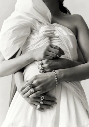 Close-up of a person wearing stacked diamond rings and bracelets in a white dress, directed by Keenan Motto.