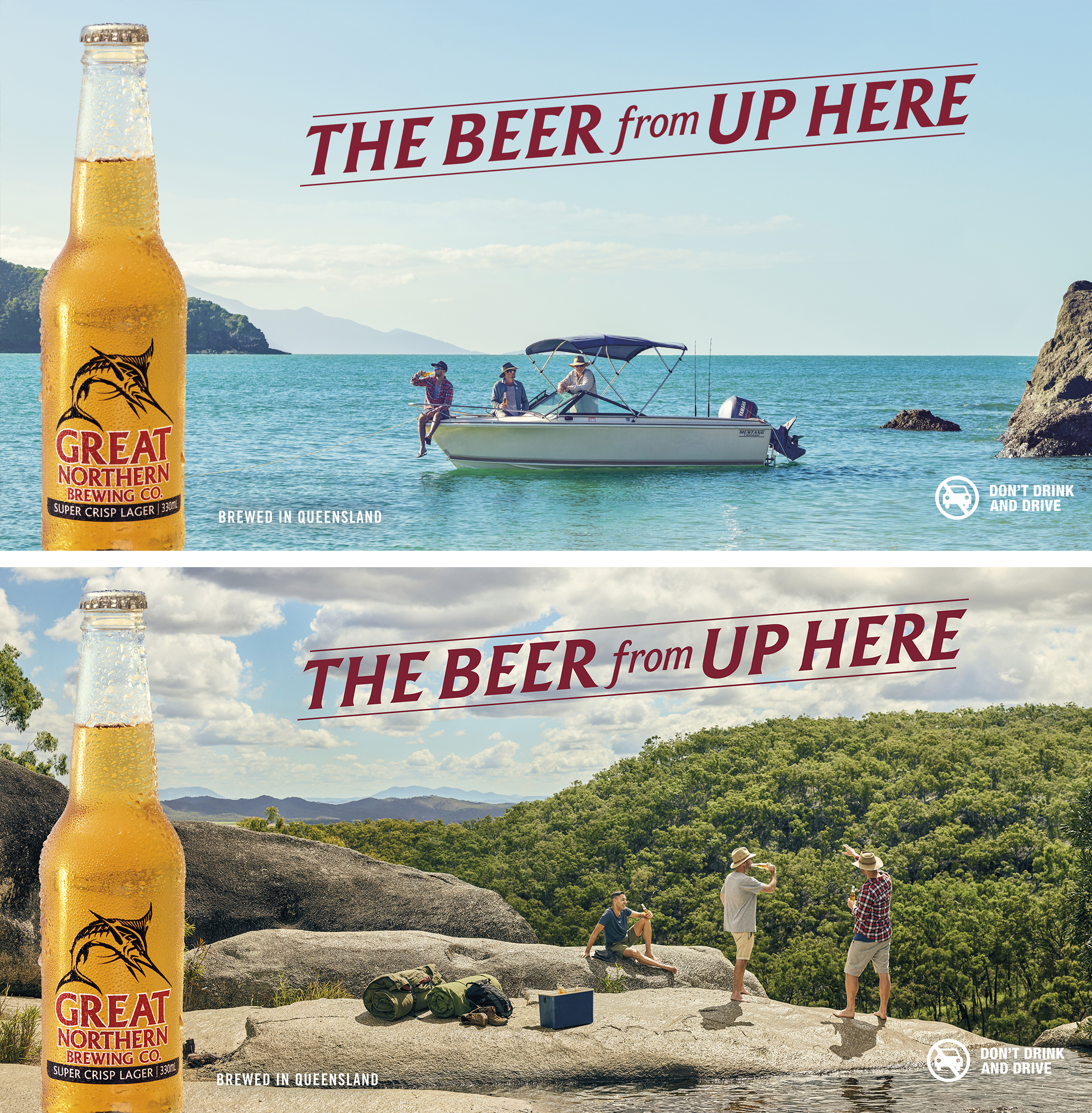 Beer advertisement split scene featuring a boat on water and people on rocks with forest, promoting Great Northern Brewing Co. beer.