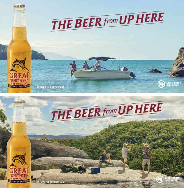 Beer advertisement split scene featuring a boat on water and people on rocks with forest, promoting Great Northern Brewing Co. beer.
