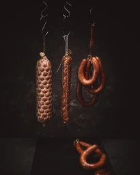 Three varieties of cured sausages hanging from metal S-hooks against a dark textured background with more sausages on a dark surface below.