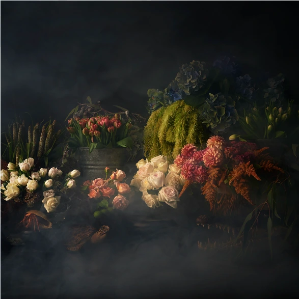 Dark moody still life arrangement of various floral bouquets emerging from fog by photographer Earl Carter.