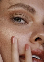 Extreme close-up beauty portrait featuring shimmering copper eyeshadow, freckled skin, and glossy coral-toned lips.