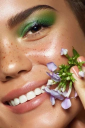 Close up portrait of a woman with green eyeshadow, freckles, and light purple flowers held near her cheek by Samantha Coles