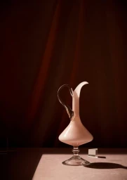 An elegant glass decanter with a curved handle on a surface against a dark draped fabric backdrop with warm directional lighting.