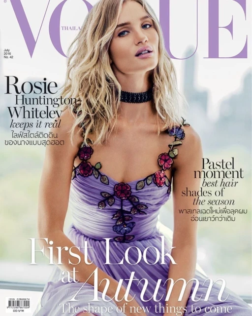 Vogue Thailand magazine cover featuring Rosie Huntington-Whiteley in lilac dress. Close-up shot, soft focus, pastel colors, fashion photography.