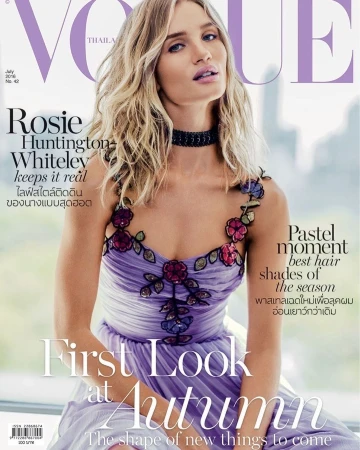 Vogue Thailand magazine cover featuring Rosie Huntington-Whiteley in lilac dress. Close-up shot, soft focus, pastel colors, fashion photography.
