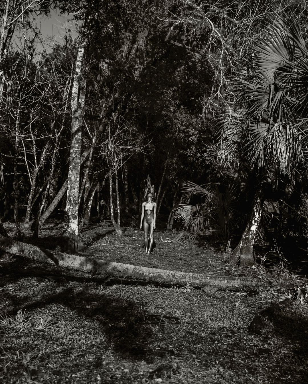 Monochromatic portrait of an adult female in a one-piece bathing suit walking through a densely wooded area with tall trees and thick ground cover.
